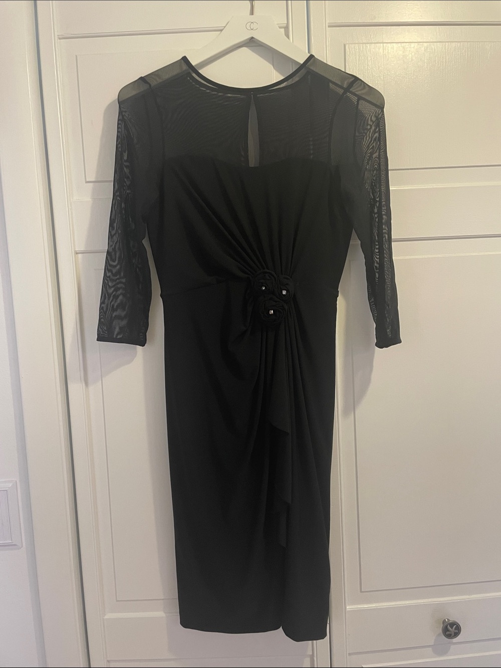 Jones New York Black Mesh-Sleeve Midi Dress with Rosette Detail